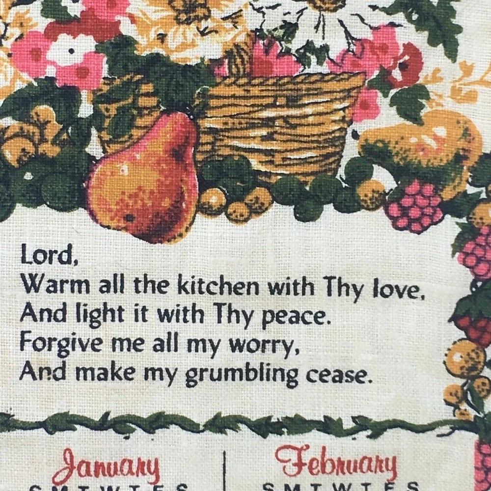 Vintage 1979 Linen Wall Calendar Floral Kitchen Prayer Hanging Tea Towel Retro